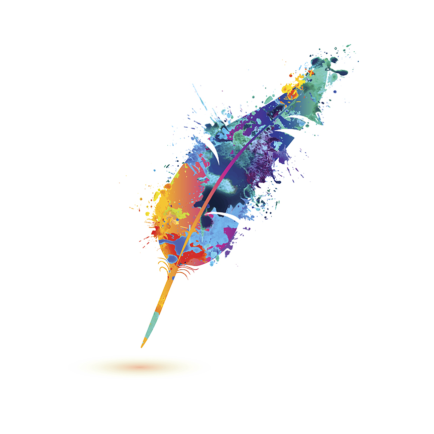 pen feather. Rainbow splash paint